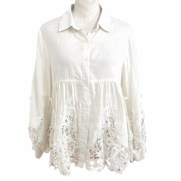 Miho CREAM BUTTON FRONT EMBROIDERED PUFFY BOHEMIAN TUNIC BLOUSE - Picture 1 of 12